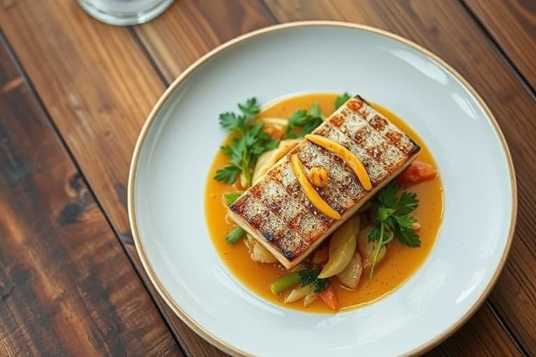 Grillet walleye-pike og jumbo-reker i safran- og fenikkelbuljong med stekte grønnsaker og villris fra Minnesota