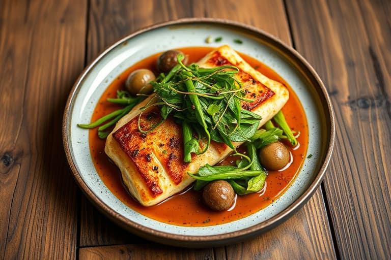 Kylling Paillard med tri-oliven tapenade, ovnsbakte salvie-søtepoteter og sautert spinat med hvitløk