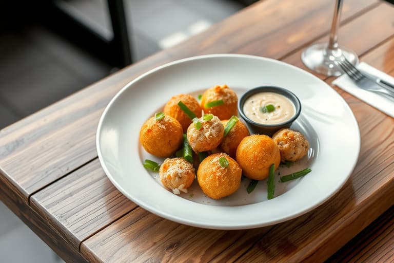 Krabbekaker med hush puppies og koriander-jalapeño-dip