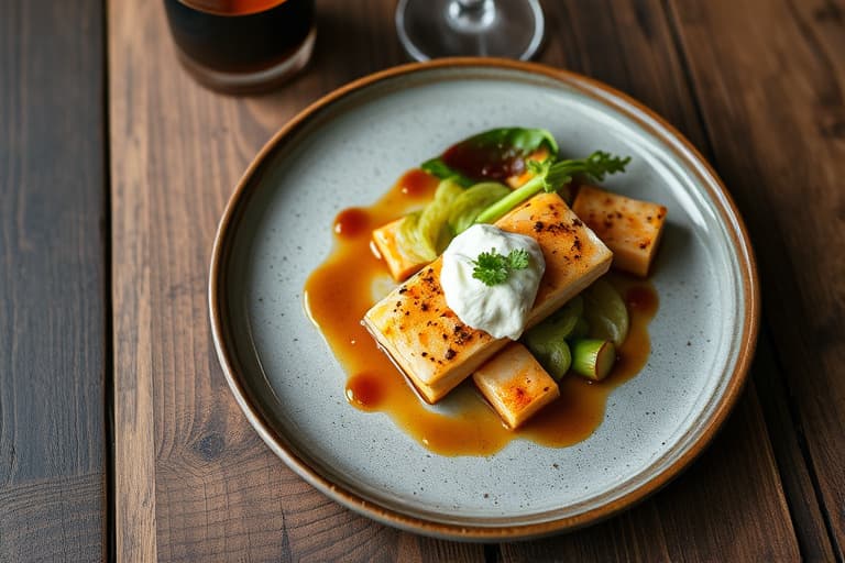 Dover-sole goujonetter med vannkresse, wasabi crème fraîche, krydret rød peppersirup, balsamico-sirup