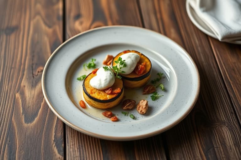 Røstede småpoteter med auberginekaviar og crème fraîche