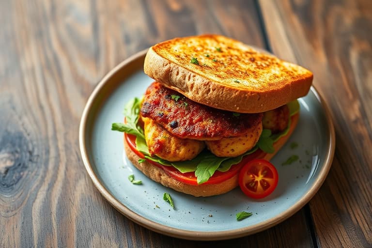 Kylling Tikka-sandwich med ingefær- og krydderkrydret smak, servert med cumin- og tomatmajones