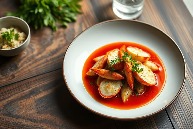 Gulrødt mykskjell med mais- og skallkledde krabber, servert med rød-chili-sennepssaus på vannkreps.