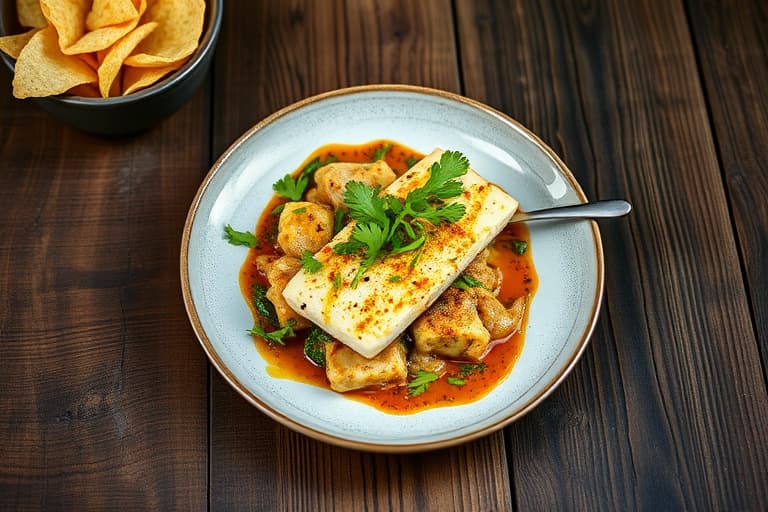 Sverdet tunfisk med skorpe av stekt koriander og fenugreek, servert med løkchutney og pitachips