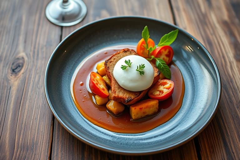 Andebryst med Serrano-chili og bringebær- og bjørnebærmarsalasaus, servert med en vårløkcrêpe