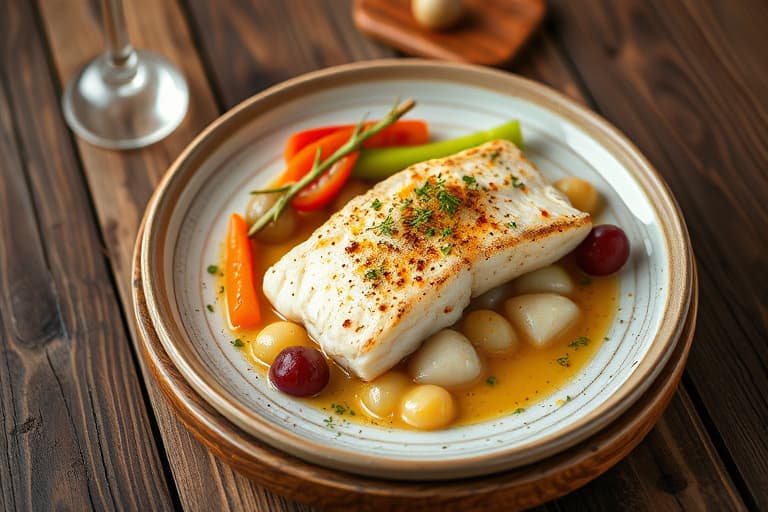 Fyllet katfisk toppet med hvitløkssmør og grillede aspargesstenger samt søtpoteter