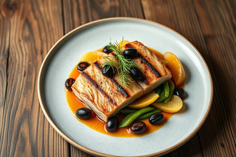 Stillehavshavabbor med karamellisert fennikel, svarte oliven, appelsinskall og dill