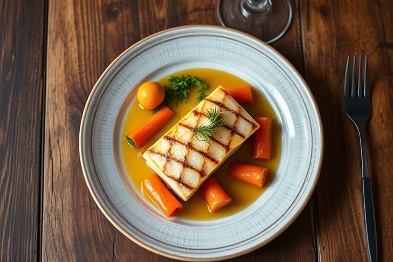 Sprøstekt skatevinge servert med søte erteknopper, skivede mandler og sitrongressvinaigrette