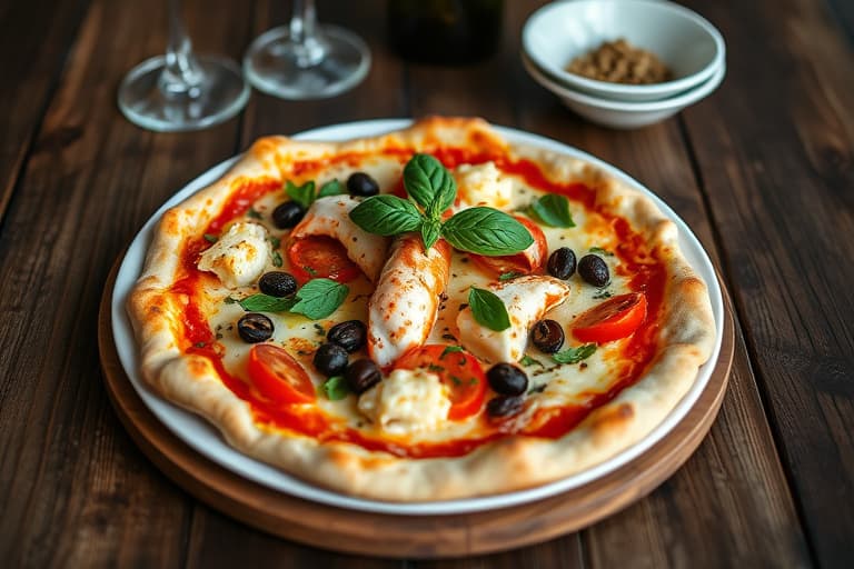 Flaming Lobster Pizza med ovnsbakte gule tomater, Kalamata-oliven, ovnsbakt hvitløk, ovnsbakt rød paprika og basilikum; jicama- og gulrotkål