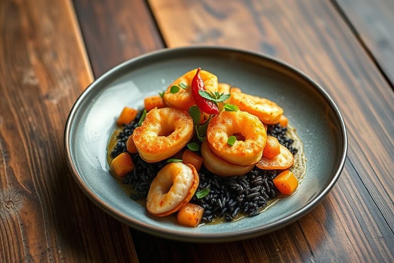 Friterte kalamari med rosa limonade, chili og tamarindreduksjon over sesam- og svart ris