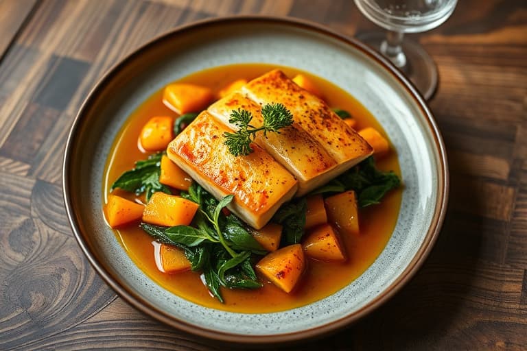 Oransje kylling-skalopp og Sunburst-squash escabeche med ristet pepperspuré