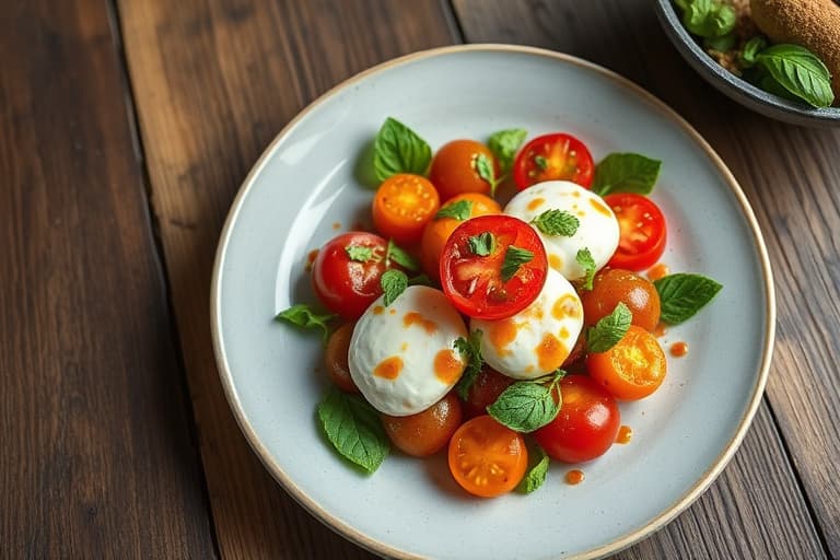 Fersk mozzarella og lagvis salat av heirloom-tomater med grønn chili-korianderolje og chipotlevinagrette