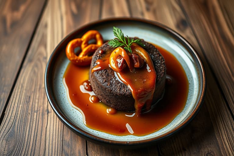 Pretzel-omsluttet glutenfri sjokoladekake med sauterte krydrede pærer og salt karamellsaus