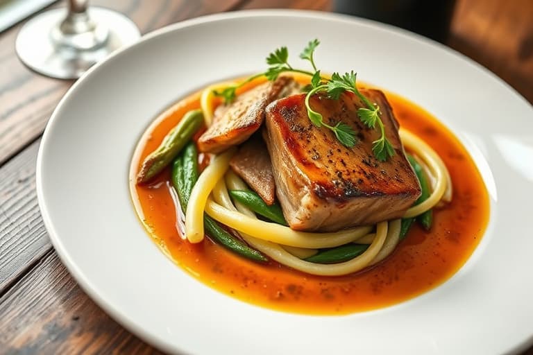 Hengsel av Colorado-lam med franske grønne linser, hvitløksflan, estragonspinat og Shiraz-saus