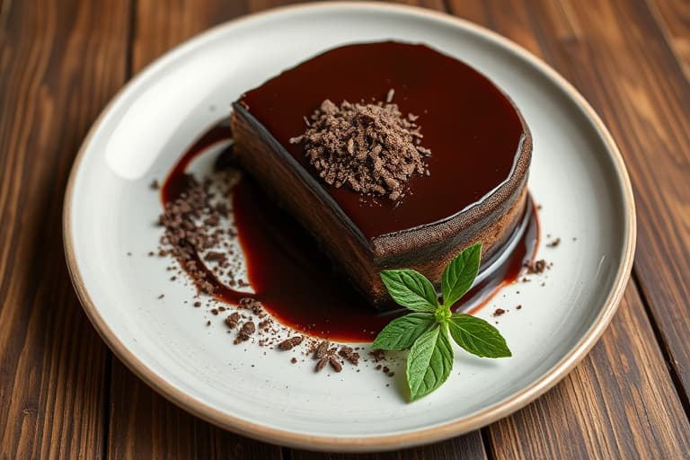 Sjokoladekake med en varm, kremete kjerne, iskremgranité og en sprø sjokoladekrans.