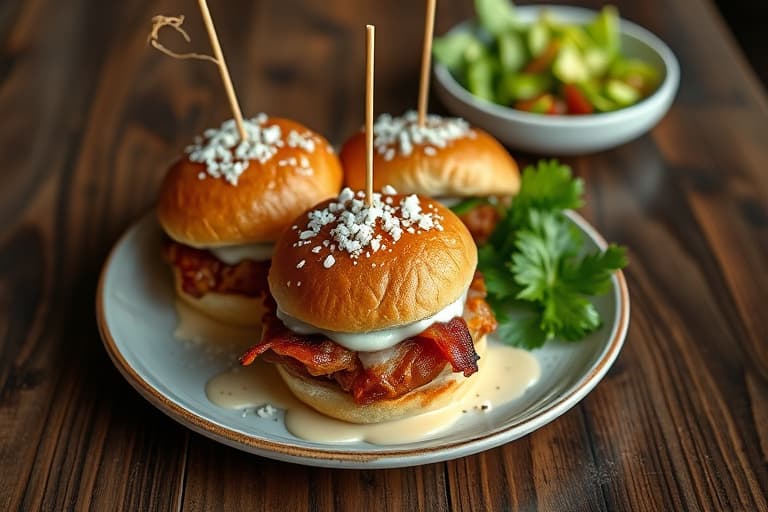 Panerte Buffalo-kylling- og bacon-salt sliders på hawaiianske søtbrød med Baconnaise