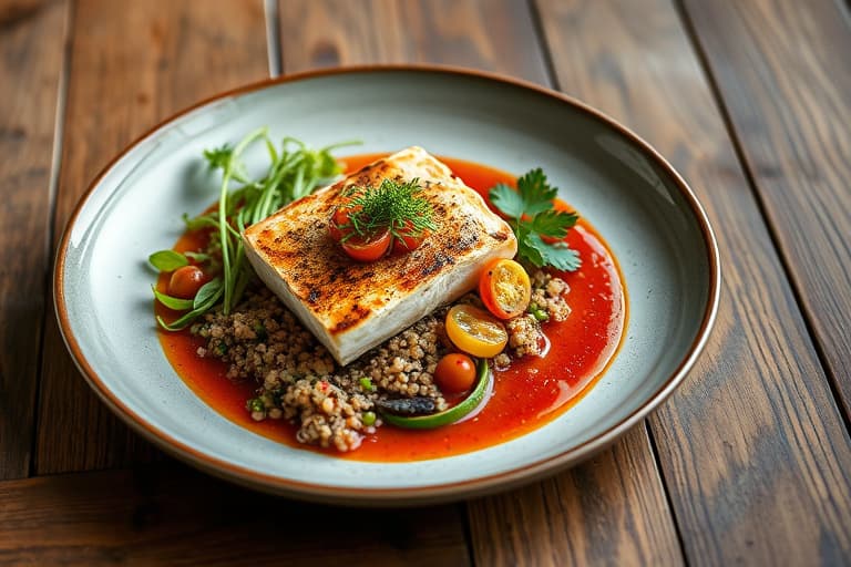 Rødt quinoa-omgitt tunfisk med røkt tomatpuré