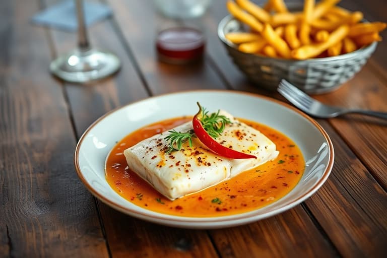 Sjørt tunfisk med rød og svart pepper, servert med ananas- og rød chili-saus, og krydrete franske pommes frites