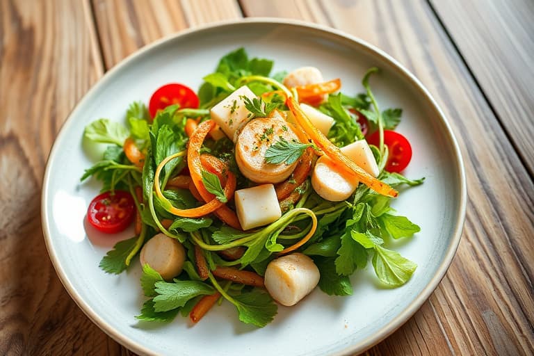 Stekte dypvannsskjell, babyspinat og østerssopp salat med sitrus- og chili-vinaigrette