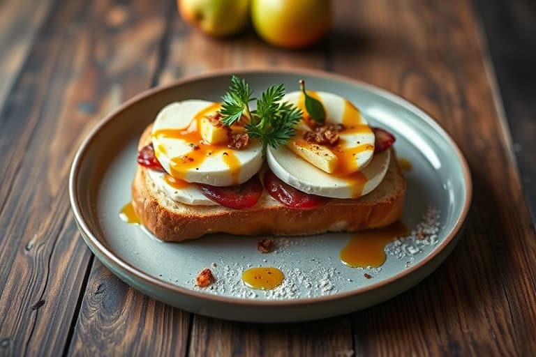 Kyllingsandwich med Brie, skivet Granny Smith-eple og Dijon-balsamico-reduksjon på ristet challah