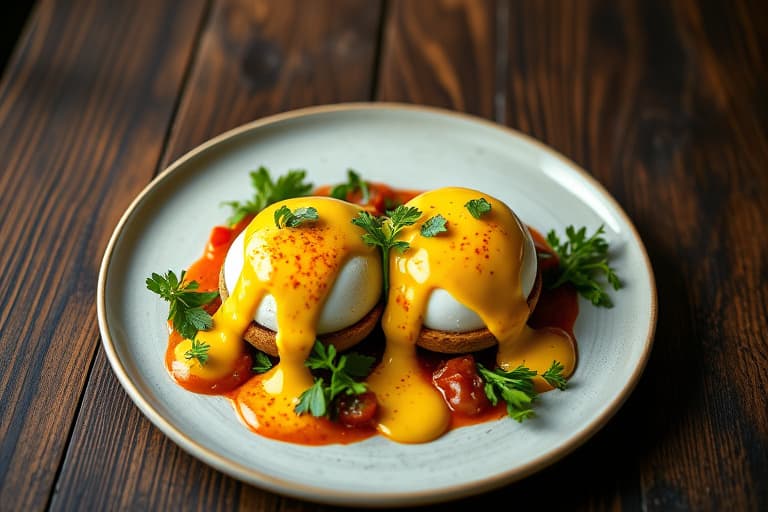 Poached eggs med chipotledressing og avokadorelish, servert med andouille-hollandaise