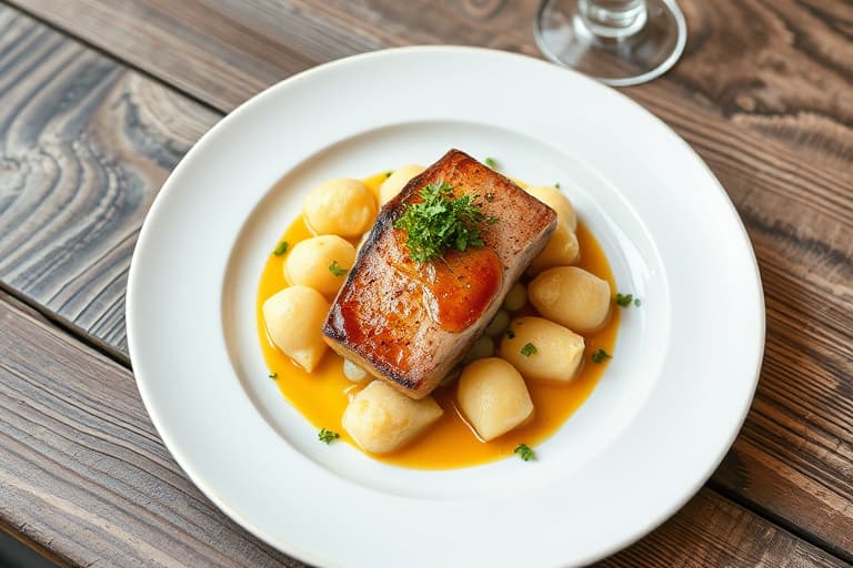 Langtidsstekt svinekjøtt med karve, epler og løk, samt senneps- og cheddarmosede poteter med pastinakk