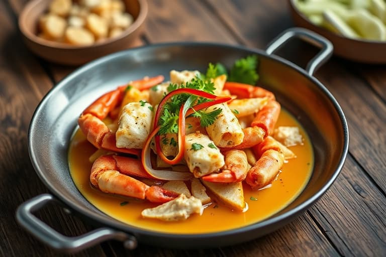 Panerte jumbo krabbekaker stekt i panne, servert med jicama- og chayotesalat, samt kokosnøtt thai-rød currysaus