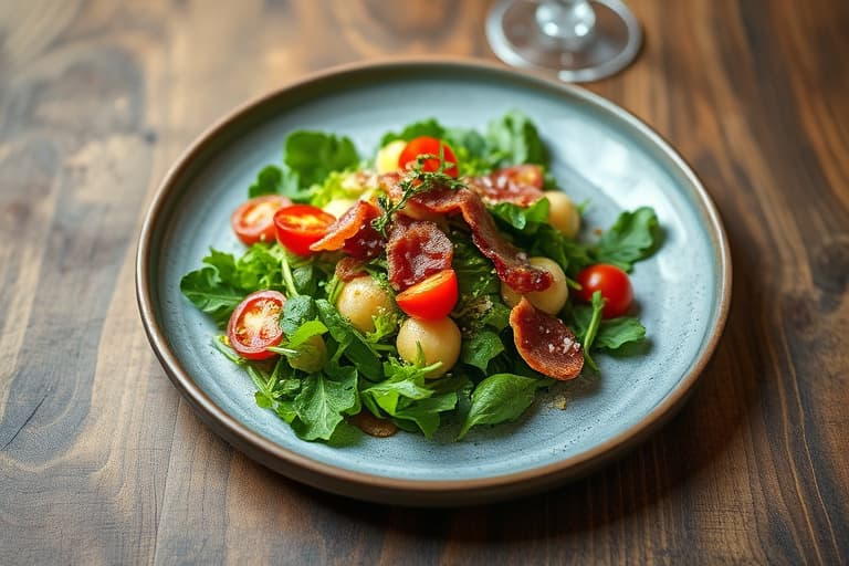 Spinat-, ruccola- og frisée-salat med blåmuggostdressing, ferske tomater og sprø bacon