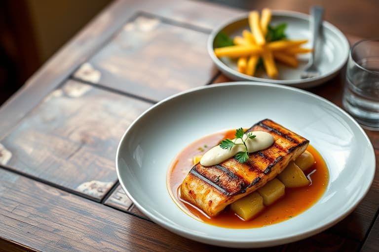 Annatto-rødmede grillede reker med peruanske lilla poteter og karamellisert plantain-creme