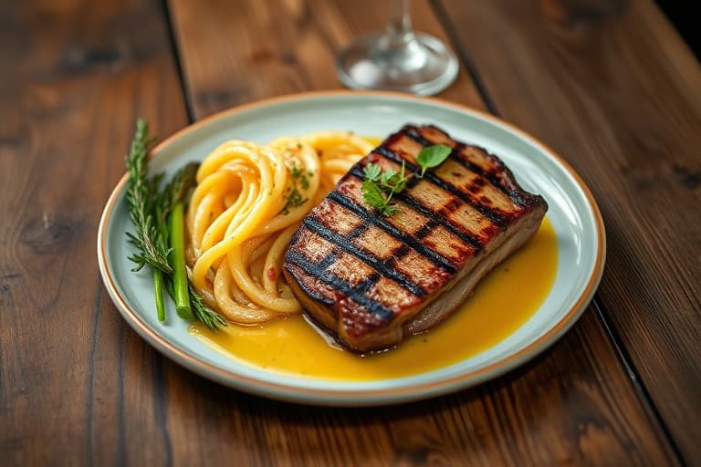 Grillede ribeye-biffer med sauterte løk og hvitløkstortillaer, servert med currýolje