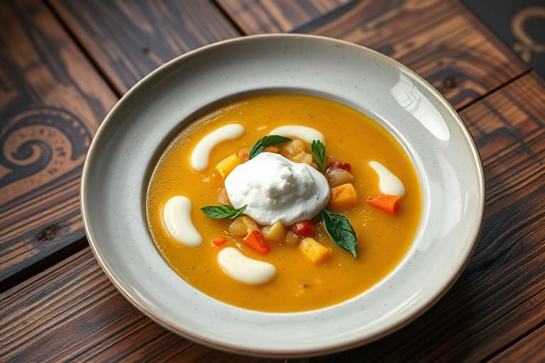 Potet-, grønnkål- og purresuppe med sitron- crème fraîche