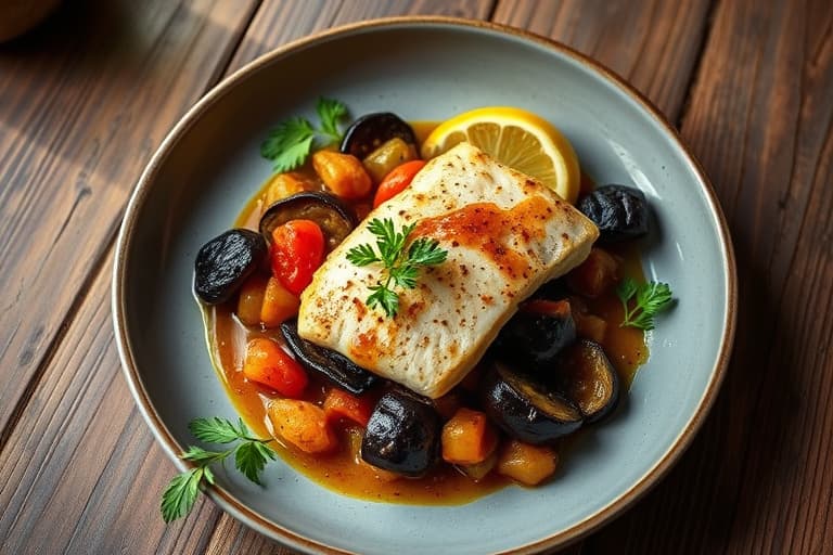 Brased hellefiskfilet i kokos og sitrongress med røkt aubergine og tomat-ginger chutney