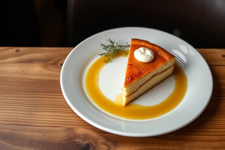 Kefirmakake med krydder og pærekompott, servert med crème fraîche