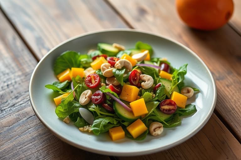 Blandet grønn salat med mango, jícama og cashewnøtter