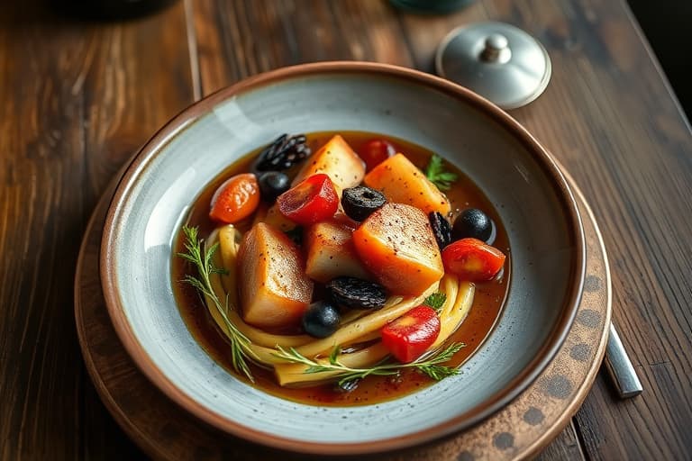 Sorbét av forkullet pære med geitost "snø"