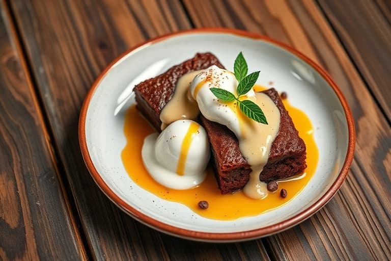 Brownies med hvit sjokoladebiter, crème anglaise og iskrem