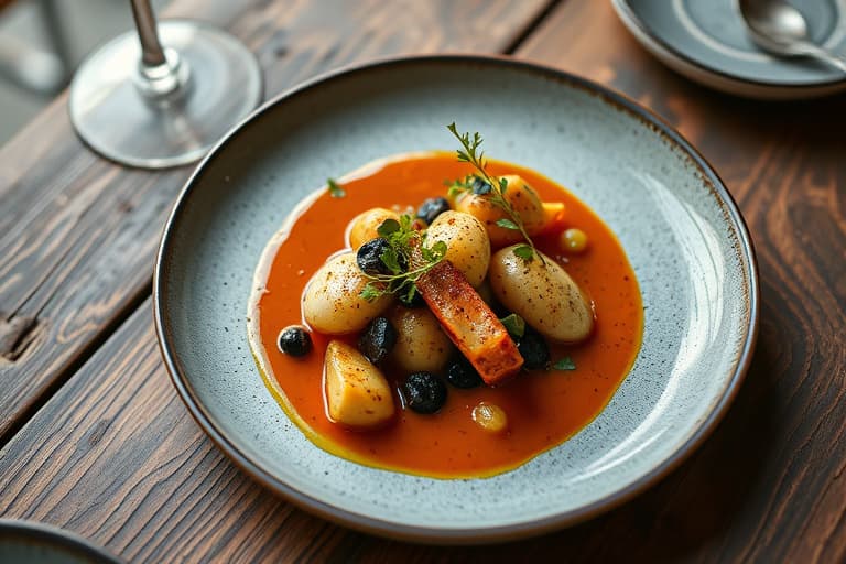 Forkullet blekksprut og conch buljol med "souset" grønne fiken og tomat chokha coulis