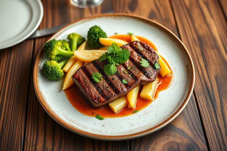 Stek av skirt steak på bakeplate med balsamico-vinaigrette, broccolini og hvite bønner