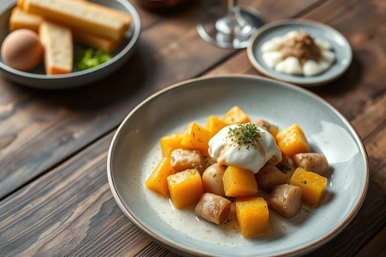 Yukon Gold-poteter og jordskokk-latkes med eple-hornsalt-sennepmajones og taramasalata