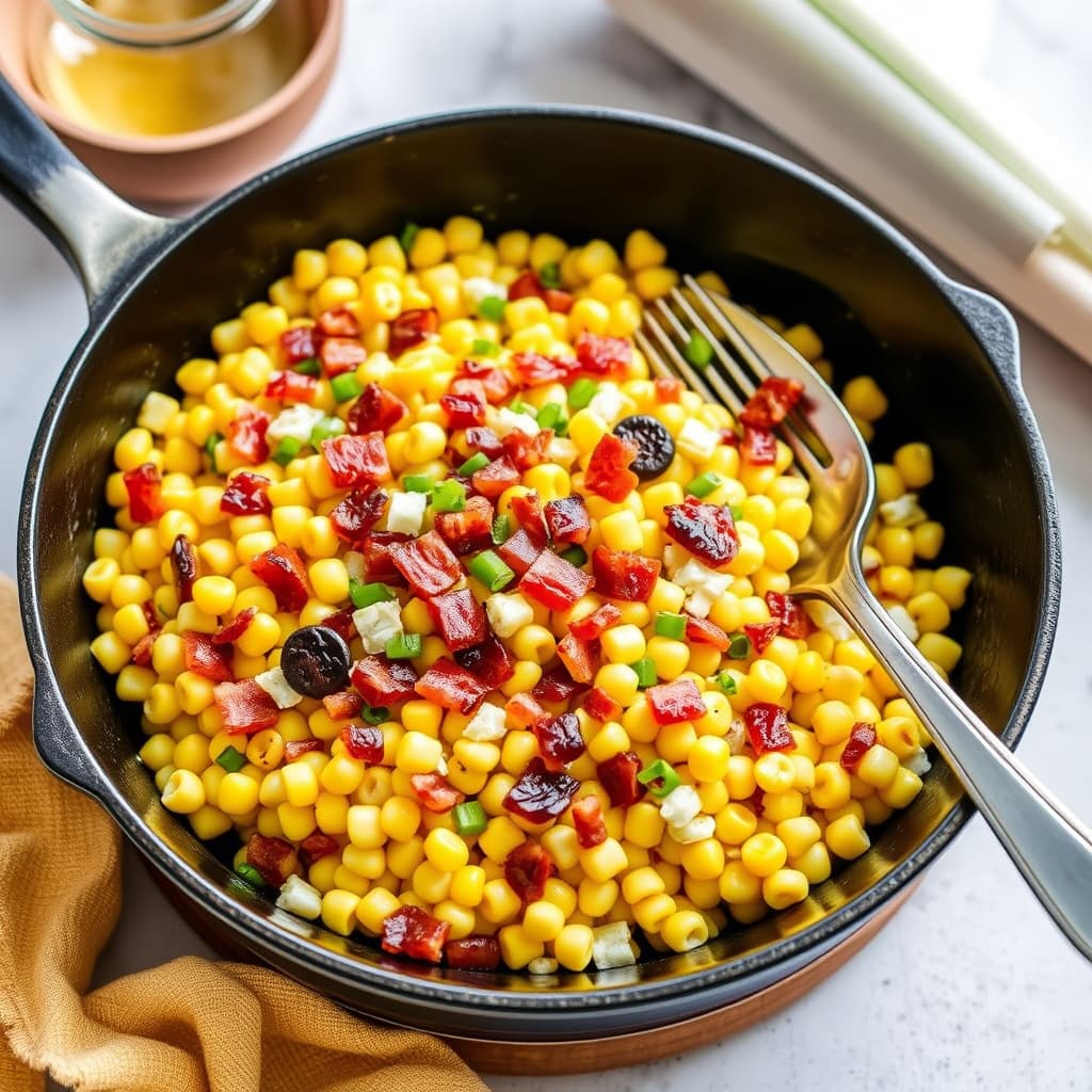 Mais med bacon og løk