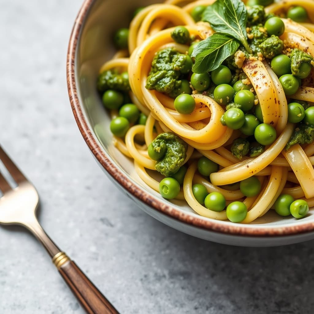 Pasta, pesto og erter