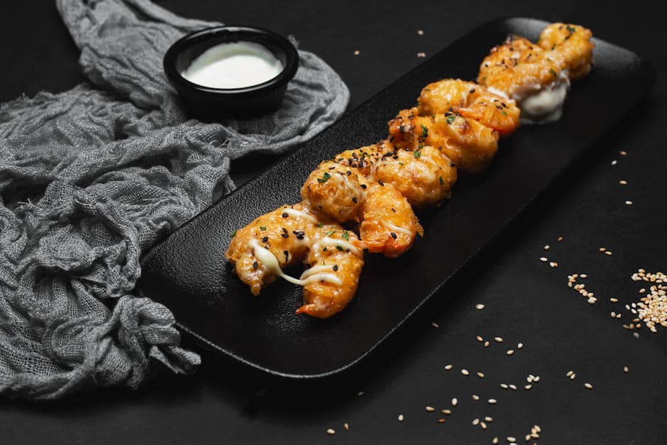 Sesamstekte reker med agurkkimchi og chiliaioli