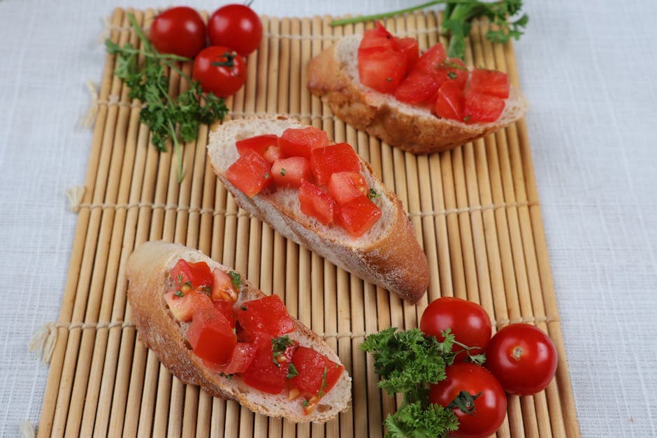 Basilikum- og valnøttpesto på baguette med tomat