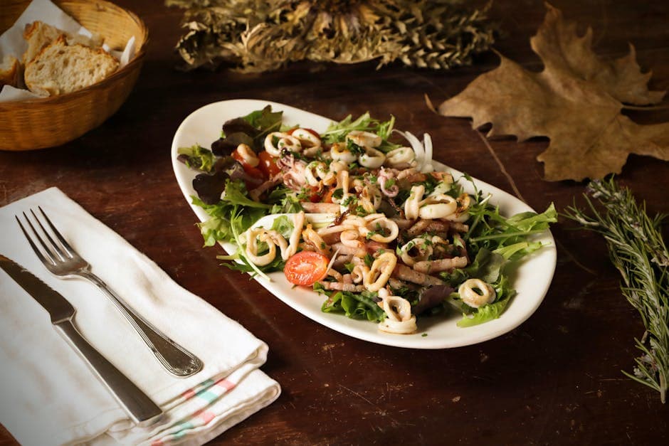 Blekksprut- og pastasalat med sennepsvinaigrette