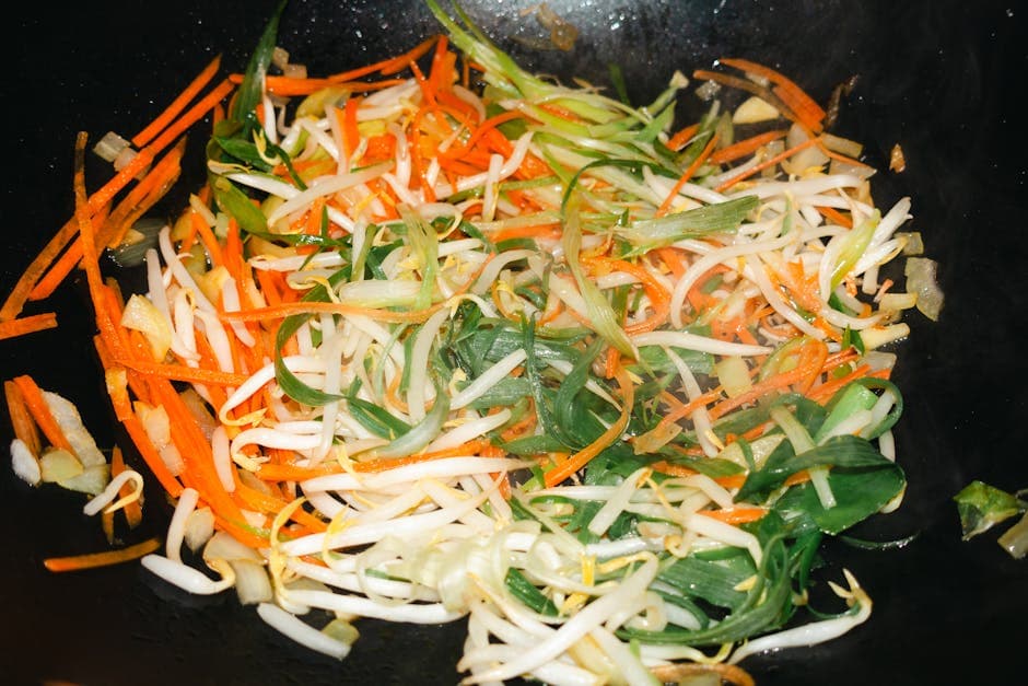 Sprø sopp og spinat-linguine med bønnespirer