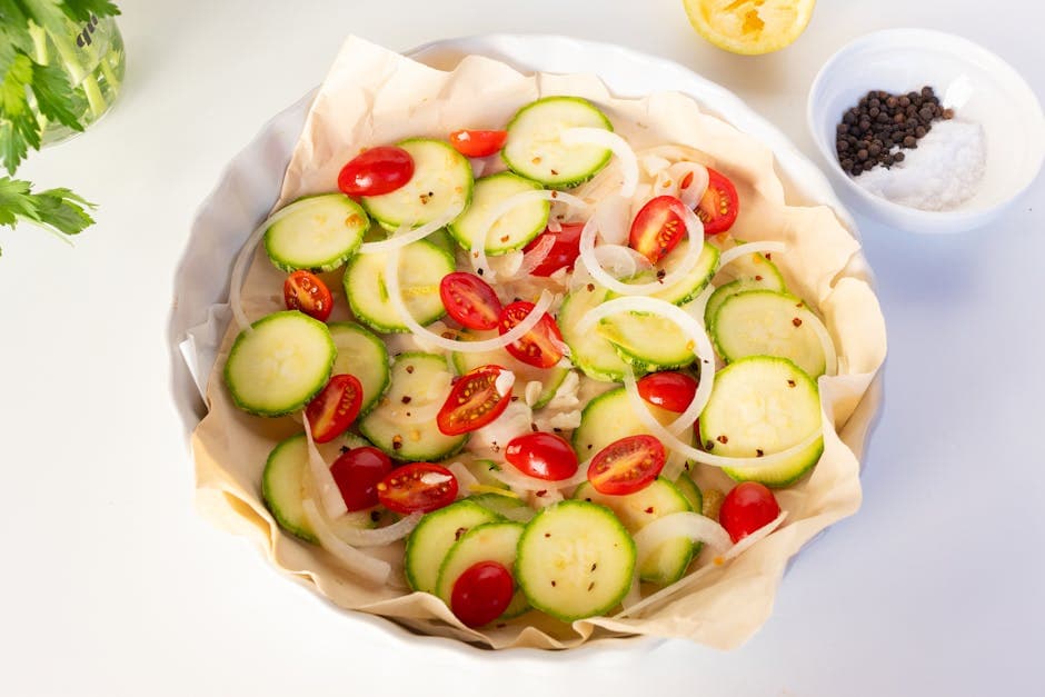 Orange roughy med ruccola, hvitløk og tomater i papilotte