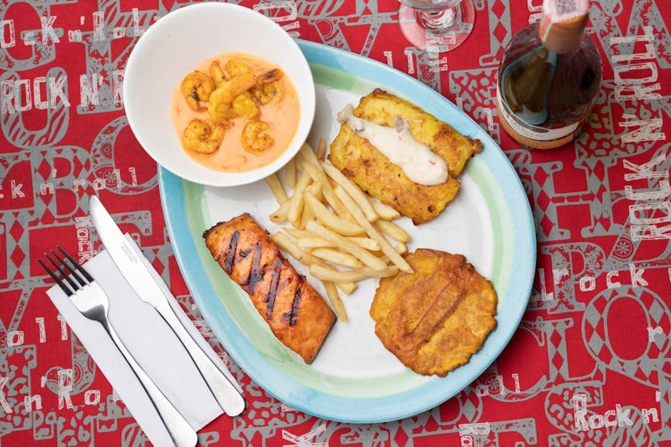 Grillede reker med lilla poteter og karamellisert plantainkrem