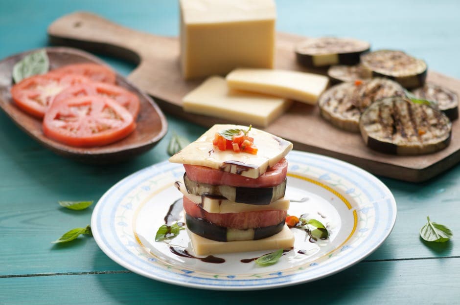 Grillet aubergine, tomat og geitost