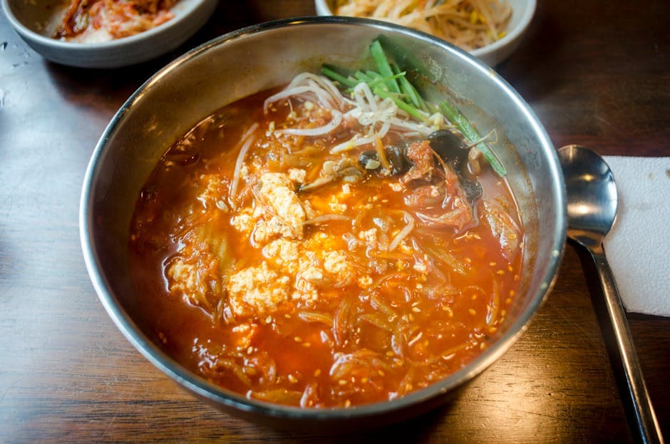 Hot og sur suppe med tofu og bønnespirer