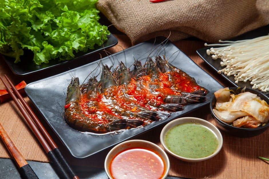 Grillede reker og vårløk med sørøstasiatiske dyppesoser